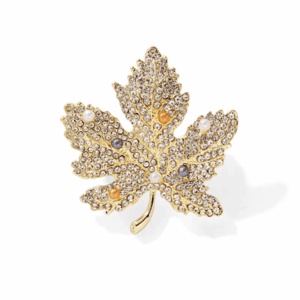 Broșă frunză aurie cu cristale și perle decorative